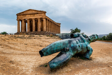 The Temple of Concordia is a Greek temple of the ancient city of Akragas, located in the Valley of the Temples of Agrigento and bronze statue of Icarus in Sicily Italy