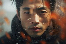 Close-up Portrait Of A Young Korean Man Gazing, His Face Partially Covered By Falling Leaves. The Surreal Double Exposure Effect Captures His Pensive Emotion Amidst The Cold Autumn Wind.