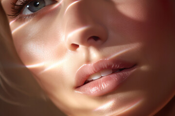 a close-up portrait of a young caucasian woman with flawless skin, exuding elegance and sensuality.
