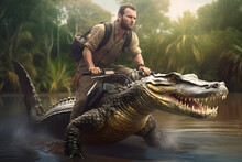 Man Riding A Dangerous Huge Crocodile Gallops Through The Waters And Swamp In The Savannah. Generative AI