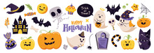 Happy Halloween Day Element Background Vector. Cute Collection Of Spooky Ghost, Pumpkin, Bat, Candy, Cat, Skull, Spider, Grave, Castle. Adorable Halloween Festival Elements For Decoration, Prints.