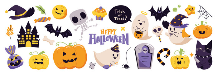 happy halloween day element background vector. cute collection of spooky ghost, pumpkin, bat, candy,