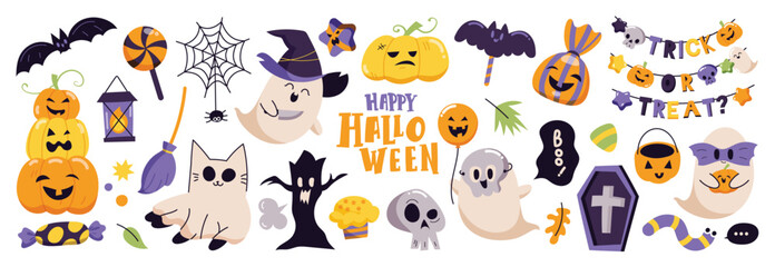 Happy Halloween day element background vector. Cute collection of spooky ghost, pumpkin, bat, candy, moon, skull, spider, cat, worm. Adorable halloween festival elements for decoration, prints.