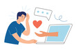 © Elena - Depressed man gets online psychological help, hand drawn composition of internet therapy, vector illustration of mental health assistance, digital support, stress and anxiety problems