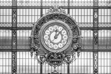 Ornamental Golden Clock In Orsay Museum, French: Musee D Orsay, In Former Train Station Building, Paris, France. Black And White Photography.