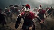 © DELstudio - Generative AI, Realistic illustration of a fierce gladiator attacking, running. Armoured roman gladiator in combat wielding a sword charging towards his enemy.