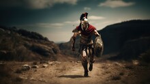 Generative AI, Realistic Illustration Of A Fierce Gladiator Attacking, Running. Armoured Roman Gladiator In Combat Wielding A Sword Charging Towards His Enemy.