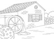 Water mill graphic black white landscape illustration vector 