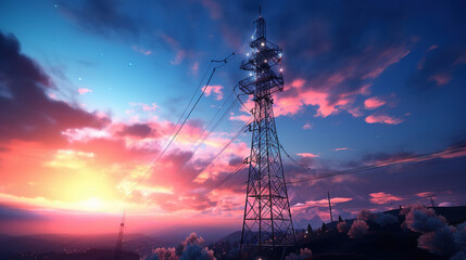 Telecommunication line connection on tower with sunrise sky