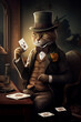 Cat playing cards in a dimmed, smokey room. Dressed up a cat. Formal wear. Gangster cat.