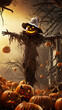 Fall in backyard with leaves falling from trees and Halloween pumpkin scarecrow