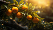Orange On A Tree, On A Branch With Warm Light