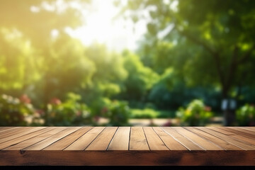 Empty wooden product display table top with blurred garden background nature scene podium