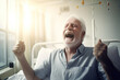 © Robert - Portrait of a beautiful mature adult men patient in a clinic hospital room on a bed receiving good news. happy smiling men, generative AI
