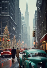 Retro Christmas Photo Of Old City 50s 60s, New York Of 60s, Retro Christmas New York City, Vintage Christmas City Photo