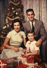 Retro Christmas Photo Card Of 50s 60s, Vintage Christmas Photo With People And Retro Christmas Decorations Of 50s, Retro Photo Of Family Christmas 