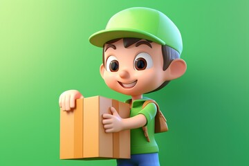 3d character holding cardboard box on green background