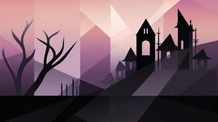 Wall Mural - Haunted house silhouette at night for Halloween background. Modern minimal geometric style. AI illustration for website banner, card, poster, children's holiday design, decorations.