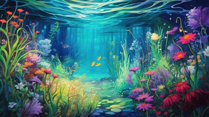 Canvas Print - Underwater world scene with colorful coral reef. Under the sea background. Marine Life Landscape. Ocean water world. AI illustration..