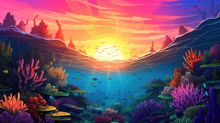 Wall Mural - Underwater world scene with colorful coral reef. Under the sea background. Marine Life Landscape. Ocean water world. AI illustration..