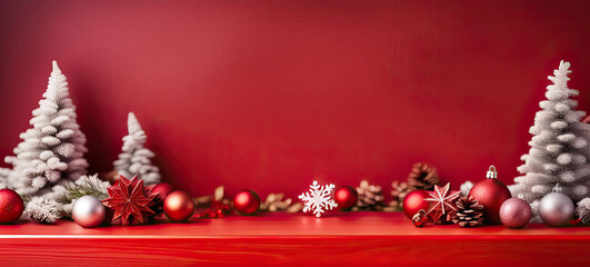 Wall Mural - Christmas decor with red background and copy space ai generated