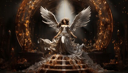 Wall Mural - Holy light angel girl sits on a pedestal in the divine temple of heaven, a beautiful woman with white wings in a dress. Made in AI