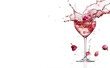 A glass of wine and rosebuds. Splashes of rose wine on a white background. Composition for a romantic postcard, invitation.