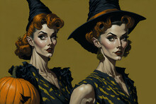 Illustration Of A Halloween Pin-up Style With Two Ladies In Costumes, Hats, And Pumpkins