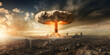 Nuclear weapon. Explosion of a nuclear bomb over a city destroyed by war. Atomic bomb