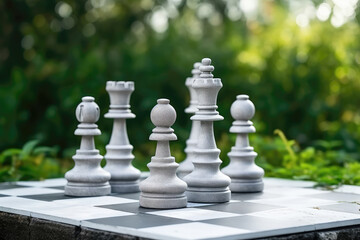 Wall Mural - Chess pieces on the chessboard in the garden