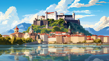 Wall Mural - Illustration of beautiful view of Salzburg, Austria