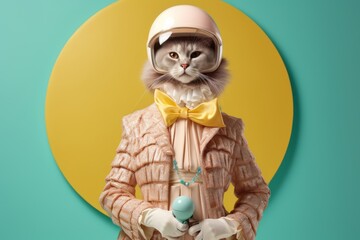 Creative scene with cat animal in fashionable abstract clothes. Pastel colors with yellow and green mint background.