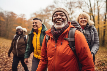 diverse group of active senior people walking outdoors hiking in autumn park.