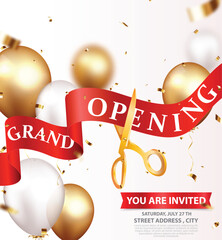 Wall Mural - Grand opening invitations card design with gold ribbon, confetti and balloons