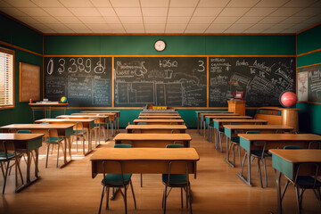 An empty classroom with desks neatly arranged and a chalkboard filled with mathematical equations