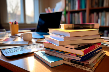 A stack of textbooks and notebooks on a desk in a well - lit study area