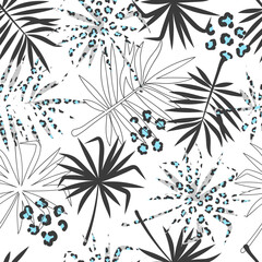 Abstract tropical pattern with exotic leaves and leopard print. Vector seamless floral print