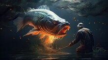 Fisherman Deftly Baits A Hook With A Live Worm, The Wriggling Bait Serving As An Irresistible Temptation For Aquatic Inhabitants. Generated By AI.
