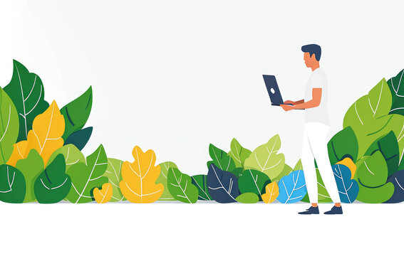 Wall Mural -  - Man with laptop in nature and leaves. Concept illustration for working, freelancing, studying, education, work from home. illustration in flat cartoon style. white background
