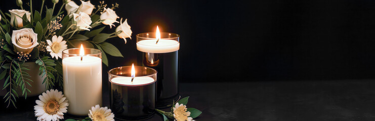 Burning candles and flowers on black background with space for text an obituary, list of dead. Funeral concept. Generative AI