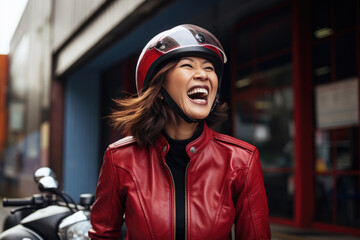 Wall Mural - Young cool woman wearing motorcycle gear and helmet, AI Generated