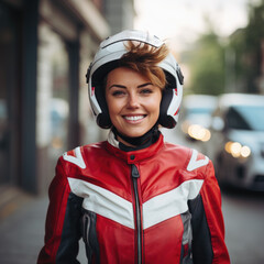 Wall Mural - Young cool woman wearing motorcycle gear and helmet, AI Generated