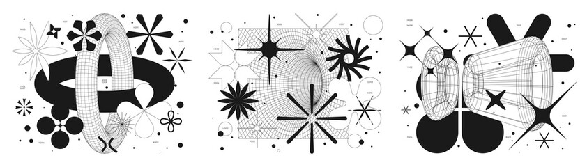 Wall Mural - Set futuristic retro PNG minimalistic illustration with 3d strange wireframes form graphic of geometrical shapes, composition in Y2k trendy style, retrofuturistic aesthetic artwork