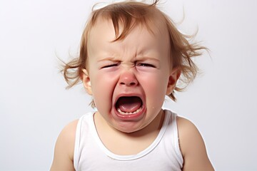 Wall Mural - A close-up photo of a cute little girl crying and screaming, isolated on a white background.