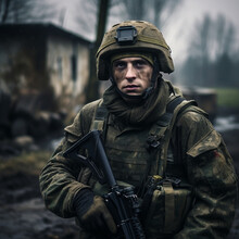 Ukrainian Soldier In His Combat Position. War Between Ukraine And Russia, Generated AI