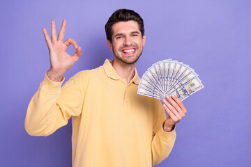 Wall Mural - Photo of attractive positive guy toothy smile arm hold dollar banknotes bills demonstrate okey symbol isolated on violet color background