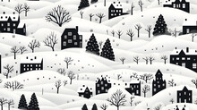 Cartoon Cozy Winter City Seamless  Background. Black And White Colors