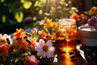 A honey jar surrounded by vibrant flowers and buzzing bees in a sunlit garden 