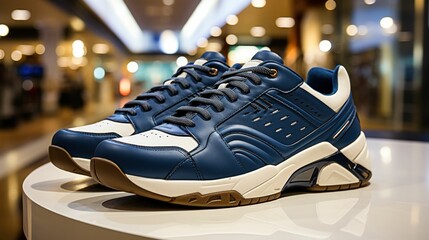 A pair of stylish men's sports sneakers in navy blue and white on a stand in front of a shoe store in a shopping mall Generative AI