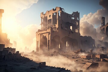 view of destroyed by war city ruins of building. ai generative